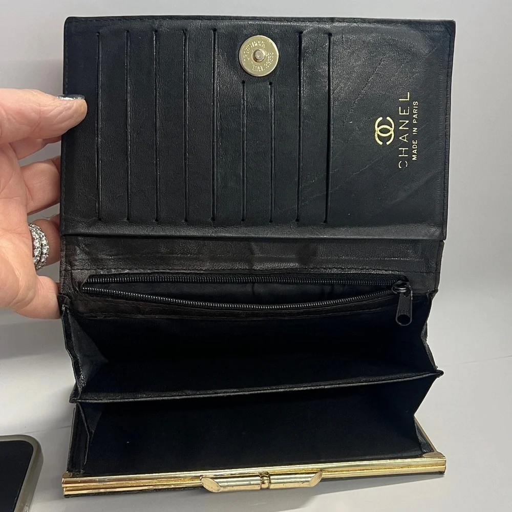 Black Leather Long Bifold Snap Clutch Wallet